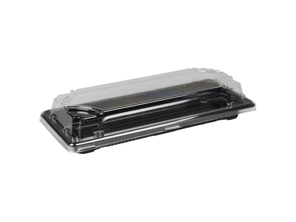 Sushiskåler og lokk, ABENA Cater-Line, 22x9x4,3 cm, 400 ml, svart, PET, med gjennomsiktig lokk