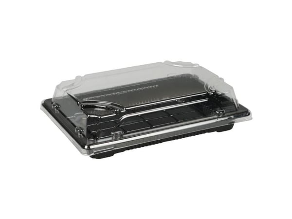 Sushiskål med lokk ABENA Cater-Line 3, 16,5x11,5x4,2 cm 405 ml sort PET, med gjennomsiktig lokk