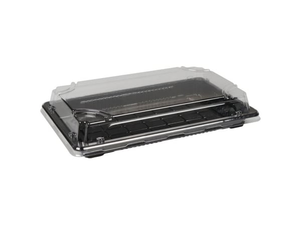 Sushibakke med lokk ABENA Cater-Line 7 – 22x13,5x4,8 cm, 620 ml, sort PET med gjennomsiktig lokk