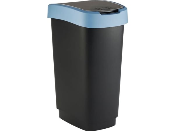 Avfallsbeholder, Rotho Twist, svart, plast, 50 l, svart lokk med blå kant