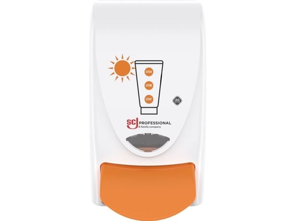 Annostelija, SCJ Professional Sun Protect, 1000 ml, valkoinen, muovia, manuaalinen, oranssilla painikkeella, 1,0 ml annosta kohden