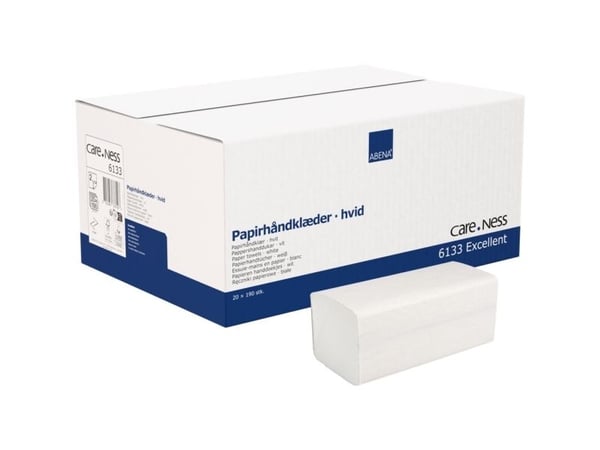Håndklædeark, ABENA Care-Ness Excellent, 2-lags, V-fold, 21x25cm, 10,5 cm, hvid - (20 stk.)