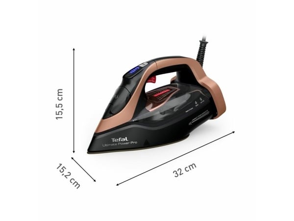 Tefal Ultimate Power Pro FV9E50, Tørr & dampstrykejern, Durilium AirGlide Autoclean soleplate, 2 m, 300 g/min, Svart, Kobber, 85 g/min