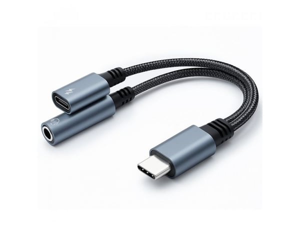 Qoltec - USB-C til hodetelefonjakk / ladeadapter - USB-C hann til minijakk, USB-C hunn - 10 cm - grå - USB Power Delivery (15W)