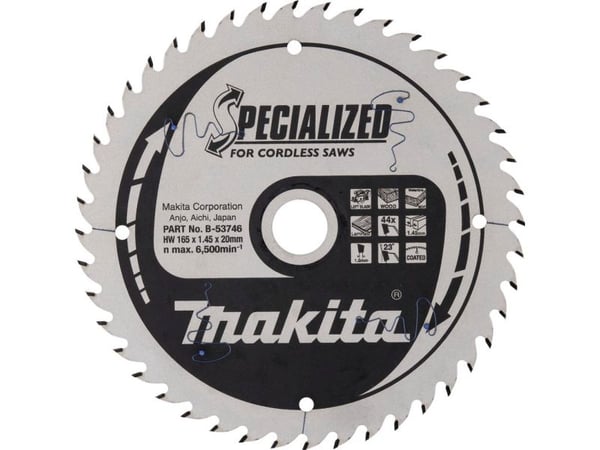 Makita T.C.T. pjuklas SPECIALIZED 165X1.45X20mm 23° T44 B-53746 T.C.T • 165 x20 mm • T44 • 23° • for medier/MDF/laminat
