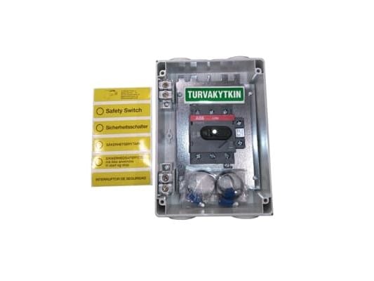 Turvakytkin AC23 30A 3-napainen apukoskettimella emc punainen ja keltainen kahva metrinen kierre OTE25A3M