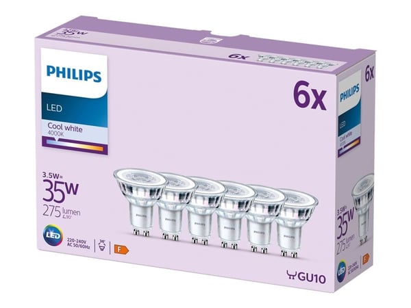 Philips LED Classic - LED-pære for søkelys - klar finish - GU10 - 3.5 W (ekvivalent 35 W) - klasse F - kald hvitt lys - 4000 K (en pakke 6)