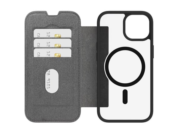 dbramante1928 Helsinki - Vikbart fodral för mobiltelefon - MagSafe-kompatibilitet - konstläder, plast - genomskinlig/svart - för Apple iPhone 13, 1...