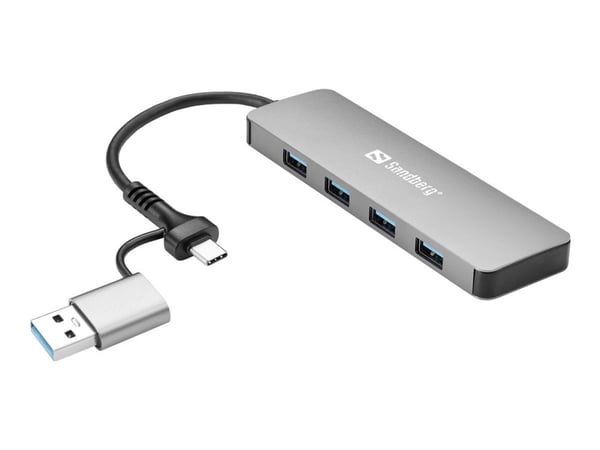 Sandberg USB-C/A til 4xUSB 3.0 Hub, USB 3.2 Gen 1 (3.1 Gen 1) Type-A + Type-C, USB 3.2 Gen 1 (3.1 Gen 1) Type-A, 5000 Mbit/s, Aluminium, Aluminium,...