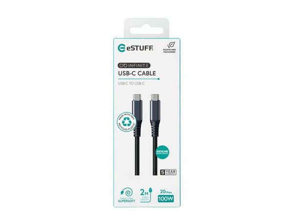 eSTUFF INFINITE - USB-kabel - 24 pin USB-C (hann) til 24 pin USB-C (hann) - USB 2.0 - 2 m - 100 % resirkulert plast - hvit