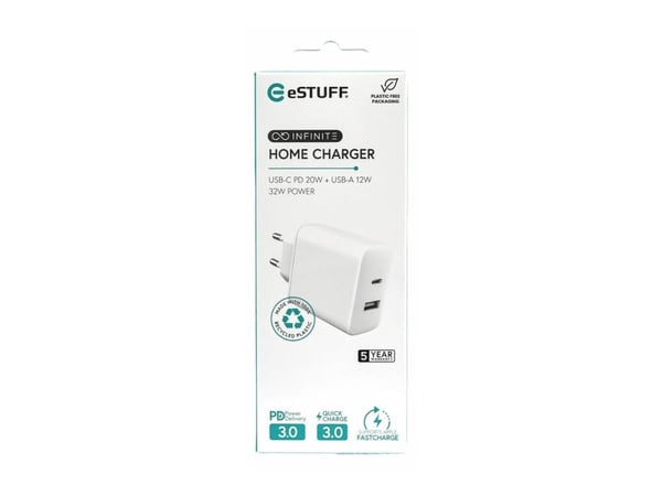 eSTUFF INFINITE - Strömadapter - 100% återvunnen plast, EU-kontakt - 32 Watt - 3 A - PD 3.0, Apple Fast Charge, QC 3.0 - 2 utdatakontakter (USB typ...