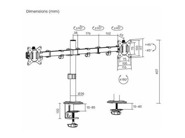 eSTUFF - Monteringssett (skrivebordsklemmemontering, kausemontering, 2 quick release VESA plates) - for 2 LCD-skjermer - office - stål, plastikk - ...