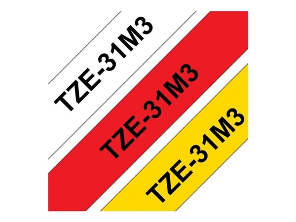 Brother TZe-31M3 - Svart på rødt, svart på hvitt, svart på gult - Rull (1,2 cm x 8 m) 3 kassett(er) laminert teip - for P-Touch PT-1000, 1010, 1080...