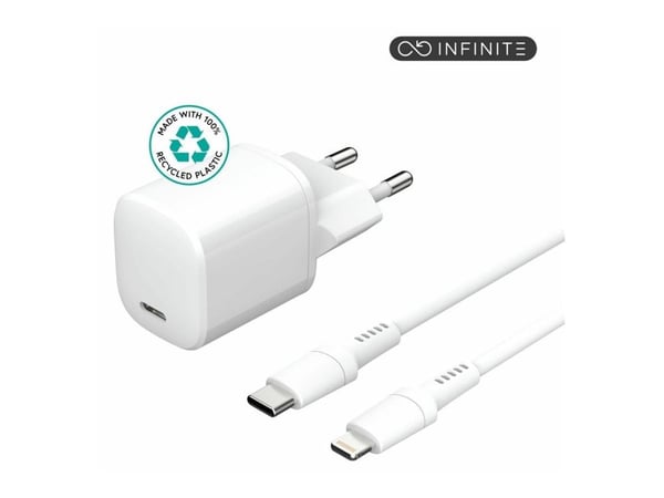 eSTUFF INFINITE - Strömadapter - EU-plugg, USB-C till Lightning-kabel, 1,5 m - 20 Watt - 3 A - PD, Apple Fast Charge, QC 3.0 (24 pin USB-C) - vit