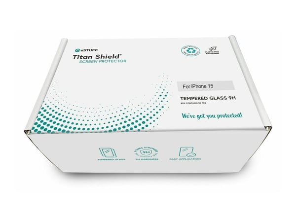 eSTUFF Titan Shield - Skjermbeskyttelse for mobiltelefon - bulk, full cover - glass - rammefarge svart (en pakke 50) - for Apple iPhone 13, 13 Pro, 14