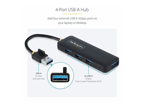Startech 4-Port USB-A Hub, 5Gbps, Bus Powered, Small Travel Mini Hub - Hub - 4 x USB 3.2 Gen 1 - stasjonær