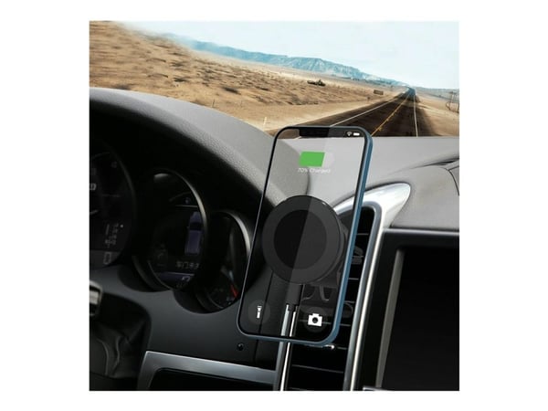 eSTUFF - Trådløs ladeholder for bil - 15 watt - 3 A - PD 3.0, QC 3.0 (magnetisk) - aluminiumssvart - for Apple iPhone 12, 12 mini, 12 Pro, 12 Pro M...