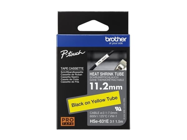 Brother HSe-631E - Svart på gult - Rull (1,12 cm x 1,5 m) 1 kassett(er) hengeboks - varmekrympetape - for P-Touch PT-D800W, PT-E550WVP