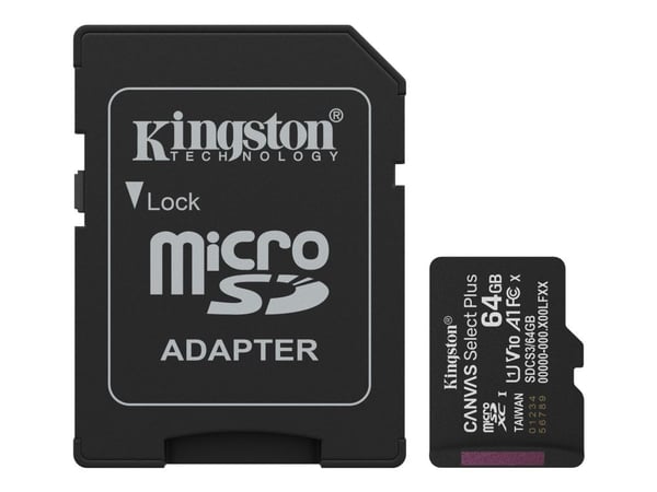 Kingston Canvas Select Plus - Flashminnekort (microSDXC til SD-adapter inkludert) - 64 GB - A1 / Video Class V10 / UHS-I U1 / Class10 - microSDXC U...