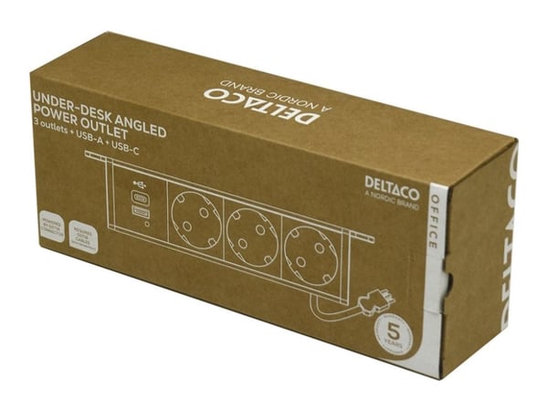 DELTACO elcentral, 3 uttag, 1x21W A+C USB-laddare, GST18-gränssnitt