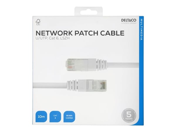 DELTACO - Koblingskabel - RJ-45 (hann) til RJ-45 (hann) - 10 m - UTP - CAT 6 - hvit