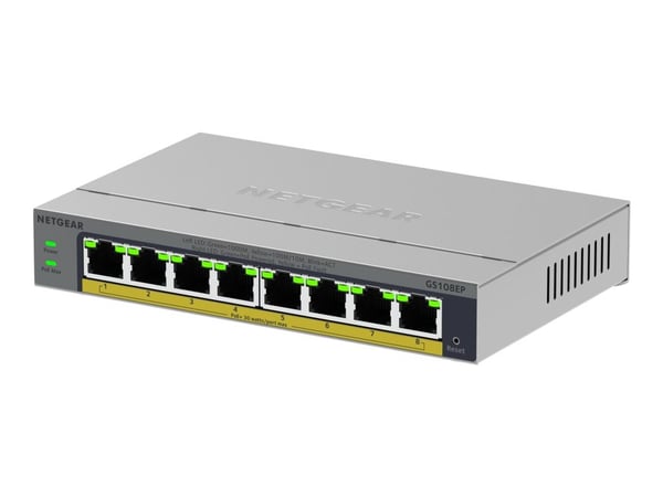 NETGEAR Easy Smart GS108EP - Switch - L3 - smart - 8 x 10/100/1000 (PoE+) - skrivbordsmodell, väggmonterbar - PoE+ (62 W)