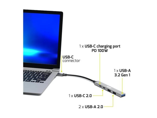 Port Designs 900163, USB Type-C, USB Type-C, 5000 Mbit/s, hopea, alumiini, 100 W
