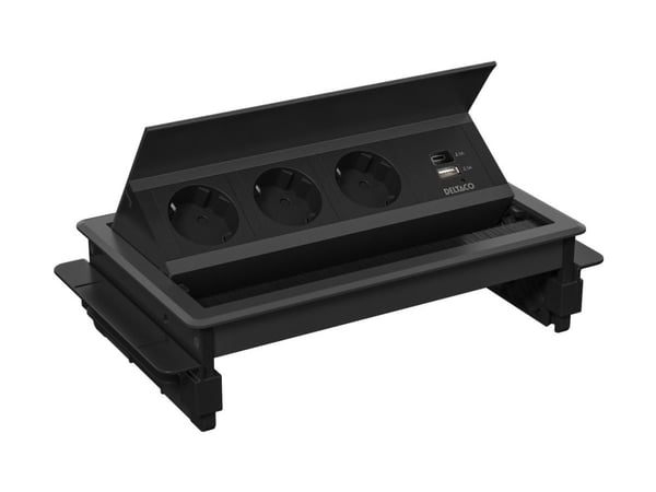 Deltaco OFFICE In-deskflip-upDeskOutlet,3 outlet,1x21W A+C USB,GST18, AC + USB A + USB C, CEE 7/3, Vastaanotto, musta, Alumiini, Muovi, 50/60 Hz