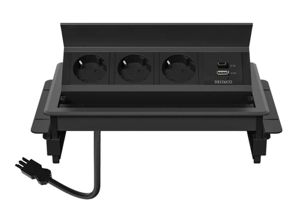 Deltaco OFFICE In-deskflip-upDeskOutlet,3 outlet,1x21W A+C USB,GST18, AC + USB A + USB C, CEE 7/3, Vastaanotto, musta, Alumiini, Muovi, 50/60 Hz