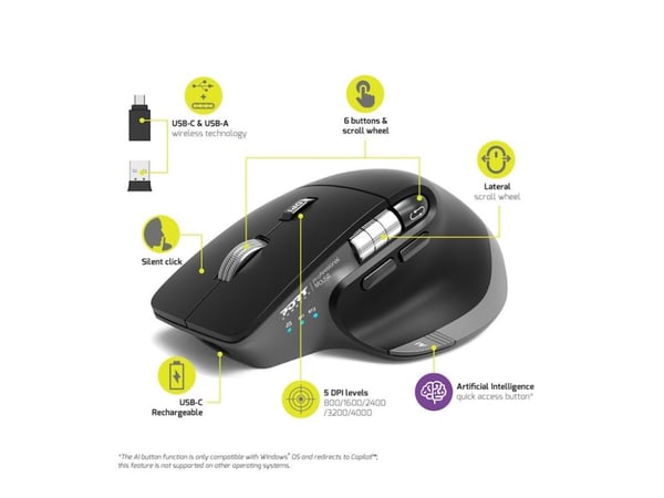 Port Designs 910203, Oikeakätinen, Optinen, RF Wireless + Bluetooth, 4000 DPI, musta