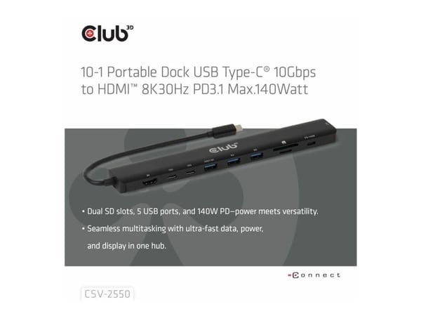 Club3D Portable Docking USB-C ->2xUSB-C/3xUSB-A/HDMI/SD 140W detaljhandel
