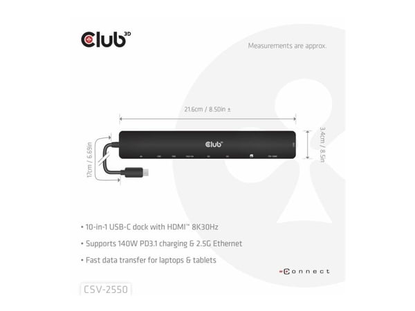 Club3D Portable Docking USB-C ->2xUSB-C/3xUSB-A/HDMI/SD 140W detaljhandel
