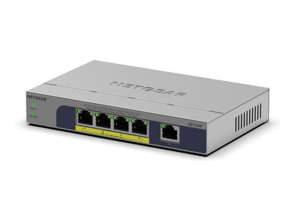 NETGEAR GS105P - Switch - ohanterad - 1 x 10/100/1000 + 4 x 10/100/1000 (PoE+) - skrivbordsmodell, väggmonterbar - PoE+ (63 W)
