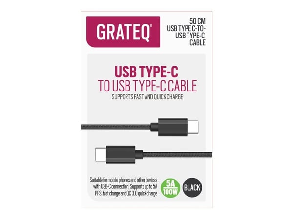 GRATEQ - USB-kabel - USB-C (hann) til USB-C (hann) - AC 100-240 V - 5 A - 50 cm - USB Power Delivery (100 W) - svart