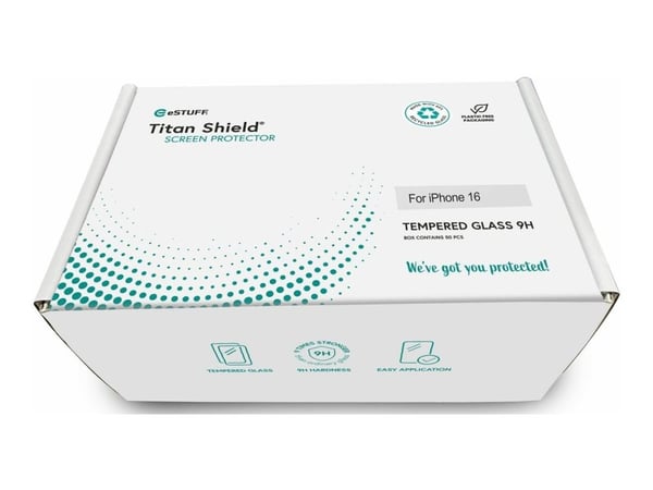 eSTUFF Titan Shield Infinite - Skjermbeskyttelse for mobiltelefon - full deksel - glass - rammefarge svart (en pakke 50) - for Apple iPhone 16
