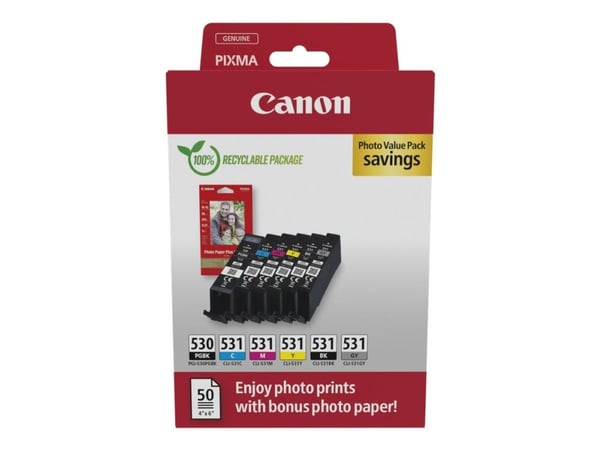 Canon PGI-530/CLI-531 PGBK/C/M/Y/BK/GY Photo Value Pack - 6-pack - pigmentert svart, svart, cyan, magenta, gul, grå - original - hengeboks - blekkp...