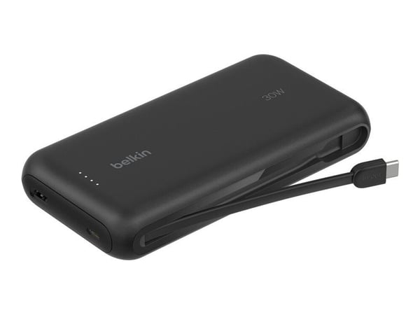 Belkin BoostCharge - Strømbank - med integrert kabel - 20000 mAh - 30 watt - PD - 3 utgangskontakter (2 x USB-C, USB) - svart