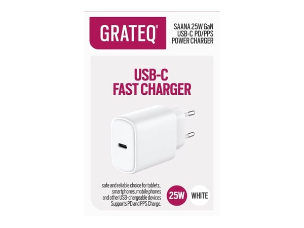 GRATEQ SAANA - Strømadapter - GaN - 25 watt - 3 A - PD/PPS, Fast Charge (USB-C) - hvit