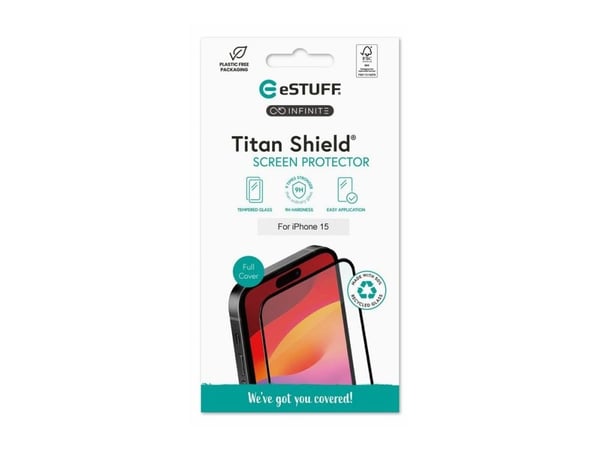 eSTUFF INFINITE Titan Shield - Skjermbeskyttelse for mobiltelefon - full deksel - glass - rammefarge svart - for Apple iPhone 15