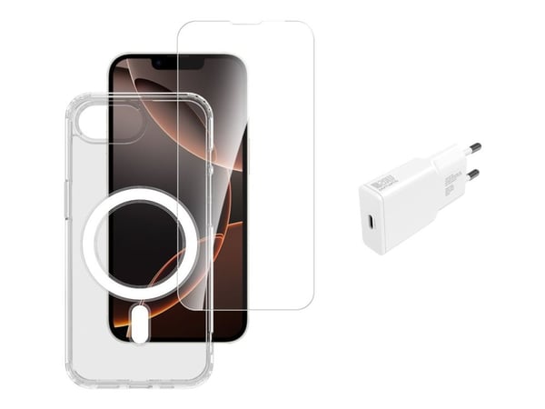 4smarts - 3-in-1 Premium Starter Set - baksidedeksel for mobiltelefon - MagSafe-samsvar - gjennomsiktig, hvit - for Apple iPhone 16e
