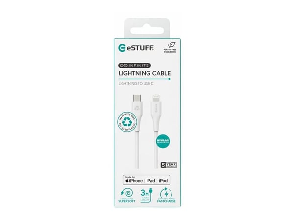 eSTUFF INFINITE - USB-kabel - 24 pin USB-C (hann) rett til Lightning (hann) rett - USB 2.0 - 5 V - 2.4 A - 3 m - 100 % resirkulert plast - hvit