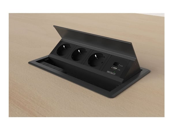 Deltaco OFFICE In-deskflip-upDeskOutlet,3 outlet,1x21W A+C USB,GST18, AC + USB A + USB C, CEE 7/3, Vastaanotto, musta, Alumiini, Muovi, 50/60 Hz