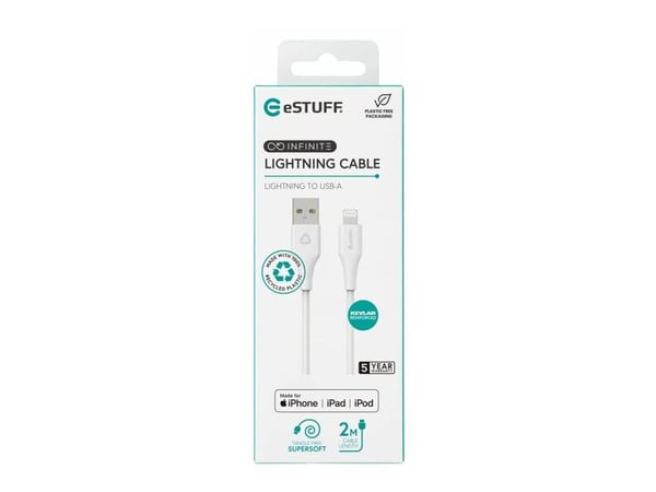 eSTUFF INFINITE Super Soft, 2 m, Lightning, USB A, Uros, Uros, Valkoinen