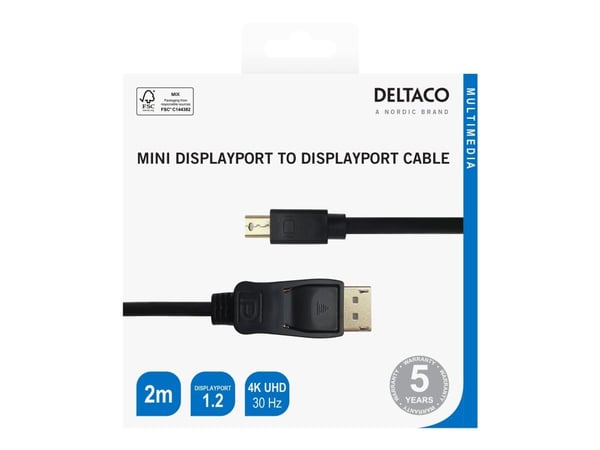 DELTACO - DisplayPort-kabel - Mini DisplayPort (hann) til DisplayPort (hann) - DisplayPort 1.2 - 2 m - 4 K 30 Hz (3840 x 2160) støtte, støtte for 1...