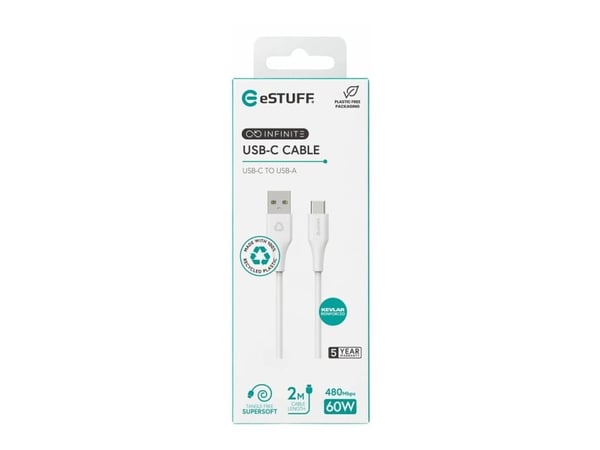 eSTUFF INFINITE Super Soft, 2 m, USB C, USB A, USB 2.0, 480 Mbit/s, Valkoinen