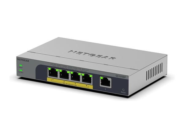 NETGEAR Easy Smart GS105EP - Switch - L3 - smart - 1 x 10/100/1000 + 4 x 10/100/1000 (PoE+) - skrivbordsmodell, väggmonterbar - PoE+ (63 W)