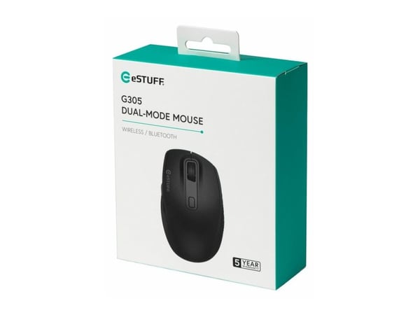 eSTUFF G305 - Mus - høyrehendt - optisk - 6 knapper - trådløs - 2.4 GHz, Bluetooth 5.0 - USB trådløs mottaker - svart