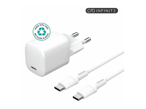 eSTUFF INFINITE - Strömadapter - EU-plugg, USB-C till USB-C-kabel, 1,5 m - 20 Watt - 3 A - PD (24 pin USB-C) - vit