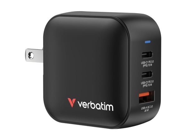 Verbatim - Strømadapter - GaN - 70 watt - 5 A - PD 3.0, PD/PPS, QC 4.0 - 3 utgangskontakter (2 x USB-C, USB)