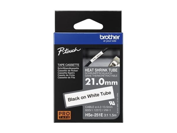 Brother HSe-251E - Svart på vitt - Rulle (2,1 cm x 1,5 m) 1 kassett(er) hängande låda - rörtejp för värmekrympning - för P-Touch PT-D800W, PT-E550WVP